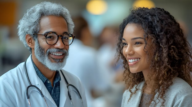A healthcare professional using AI for diagnostics on a tablet while interacting with a patient in a clinic photo
