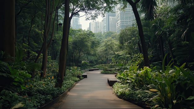 Urban park path, green walkway, city skyline photo