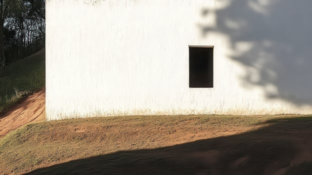 White wall, small window, sunlit hill, tree shadows photo