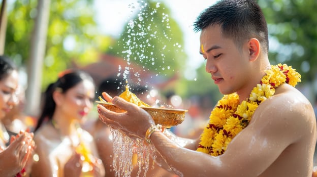 Traditional rituals performed at temples during Songkran festival, showcasing water blessings and floral offerings photo