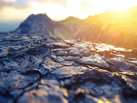 A mountain with rocks and dirt at sunset photo