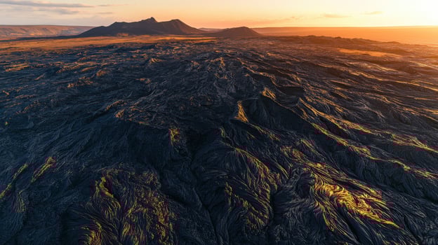 An aerial view of a lava field at sunset photo