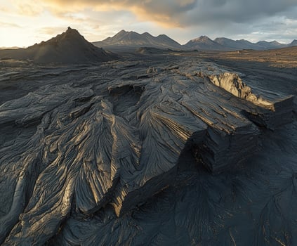 A large black lava field with mountains in the background photo