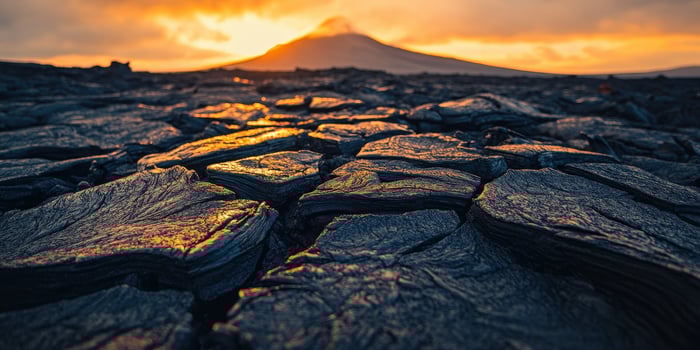 A sunset over lava and rocks photo