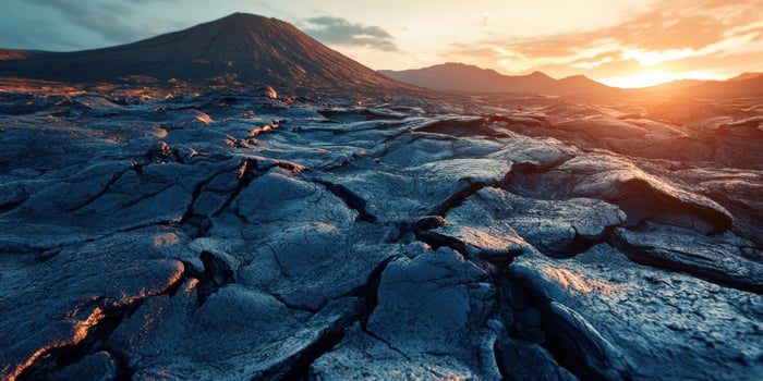 A landscape with lava and rocks at sunset photo