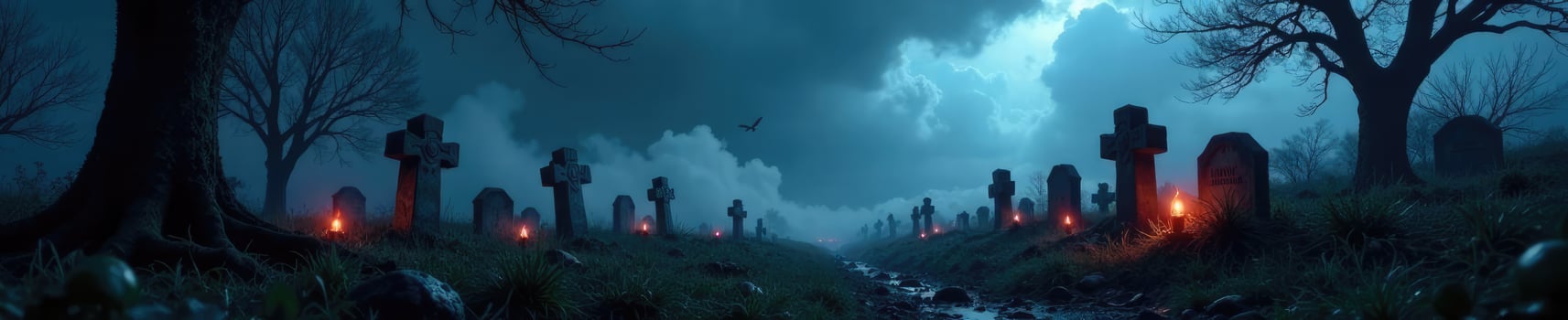 Lantern-lit tombstones in the midst of a stormy graveyard, darkening sky, haunted terrain, eerie landscape photo