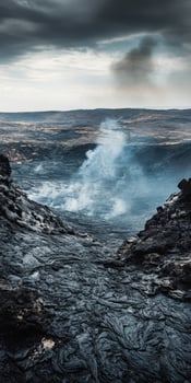 Dramatic view of a volcanic landscape showcasing flowing lava and smoke photo