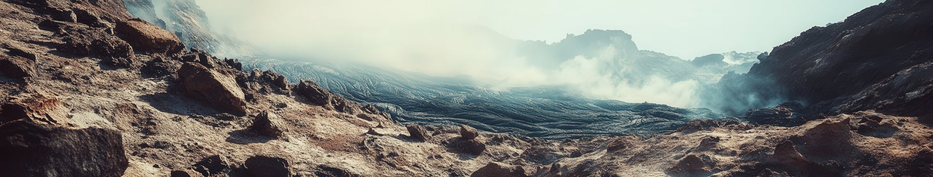 Volcanic landscape reveals flowing lava and steam near eruption site photo