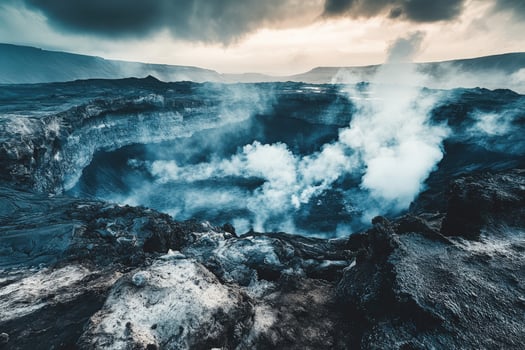 Erupting volcano reveals steaming crater under dramatic sky photo