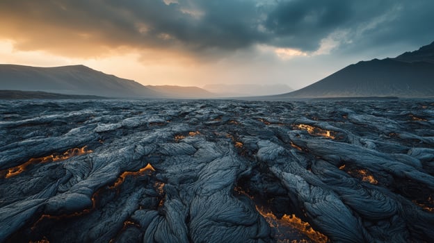 Lava flow from an active volcano against a dramatic sunset backdrop photo