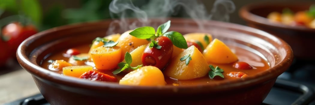 Steaming hot potato and chorizo stew in a clay pot, stovetop, bubbling photo