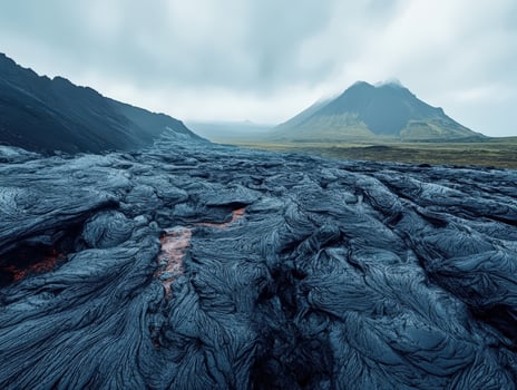 Volcanic landscape showcasing lava flow and distant mountain range photo