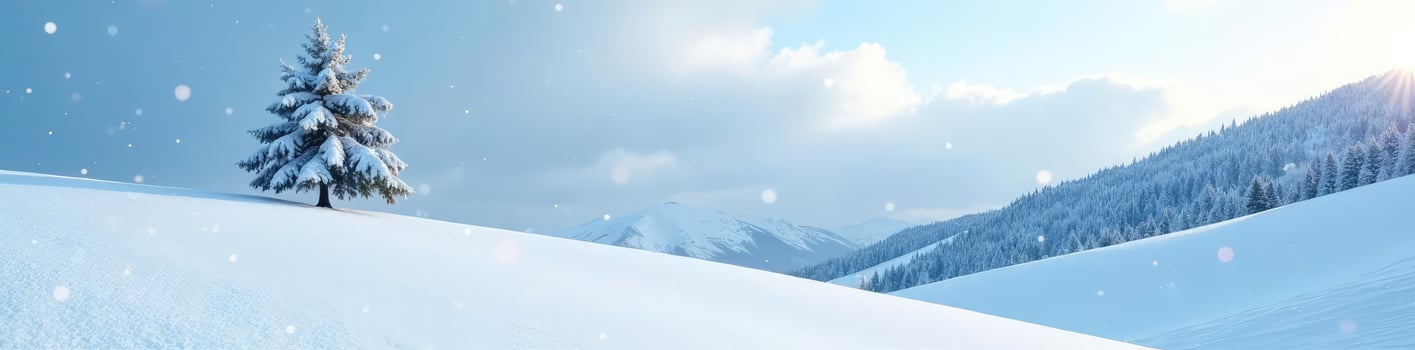 Snow covered hillside with a lone evergreen tree in the distance,, winter scenery, snowfall photo