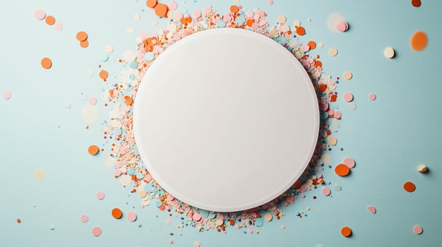 Brightly colored confetti surrounds a large white circle on a light blue backdrop, evoking a festive and celebratory mood, ideal for party or celebration settings. photo