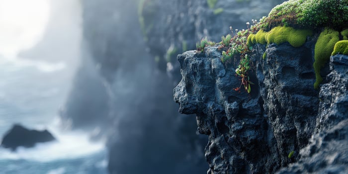 Moss-covered cliffside overlooking ocean waves photo