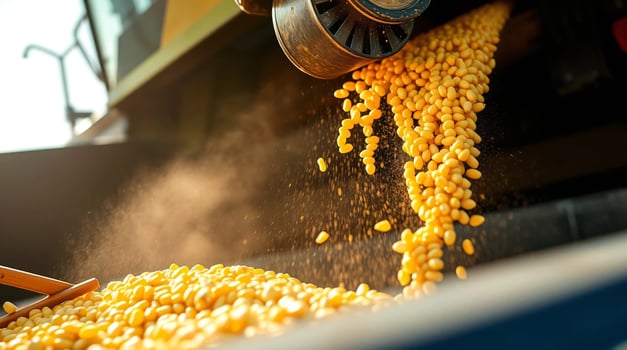 A close up of a machine that is dumping yellow corn photo