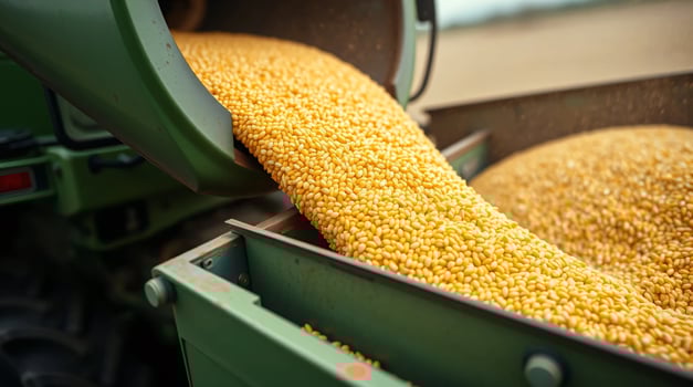 A tractor is dumping yellow corn into a bin photo