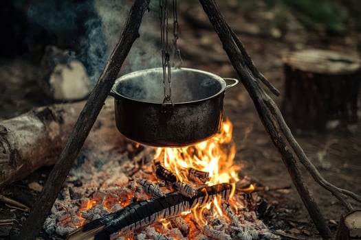 A pot of food is being cooked over a fire photo