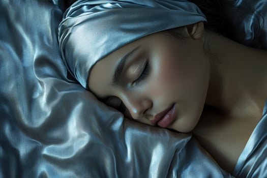 A woman is sleeping on a bed with a blue blanket photo