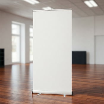 A rollup banner in a room with a wooden floor photo
