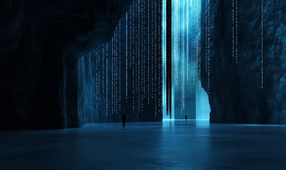 Dark cave, glowing blue data streams, figures photo