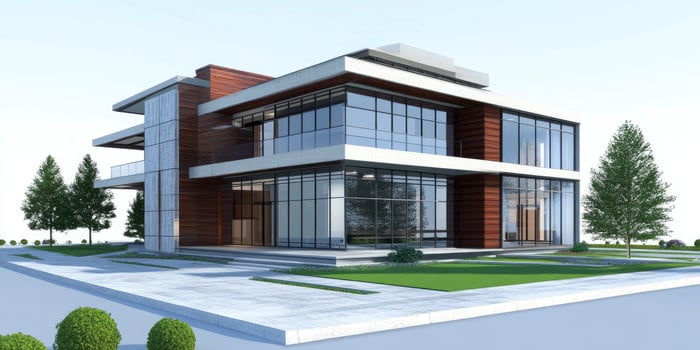 Modern Architectural House Design with Glass Windows and Wooden Facade photo