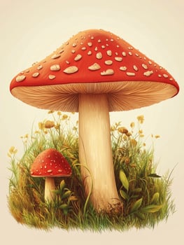 Red and White Mushrooms in Green Grass with Yellow Flowers Illustration photo