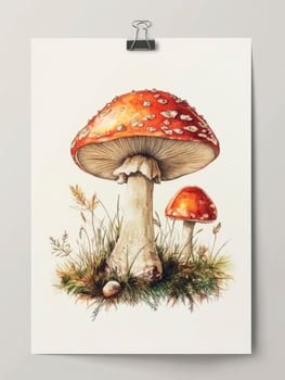 Watercolor Painting of Red and White Mushrooms in Grassy Field Closeup photo
