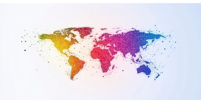 Colorful World Map Illustration Showing Connections and Global Network on White Background photo