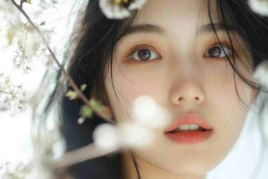 Close-up Portrait of an Asian Woman Surrounded by Delicate White Flowers photo