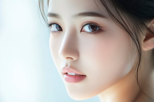Portrait of Woman with Glowing Skin and Beautiful Eyes Looking Calmly photo