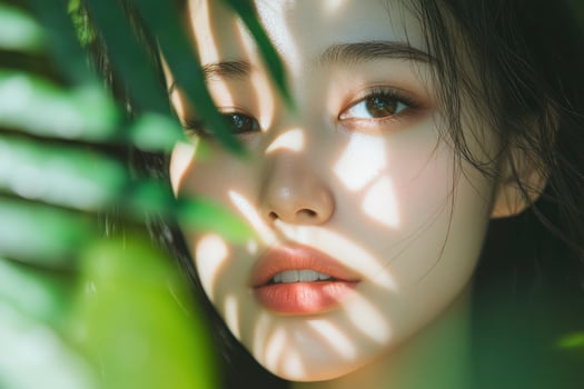 Woman Face Portrait Through Foliage with Light and Shadow Interplay photo