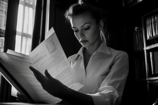 Woman Reading Document in Grayscale with Bookshelf and Window Backdrop photo