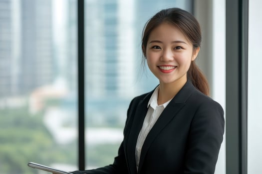 Smiling Asian Businesswoman Holding Tablet Device in Modern Office Setting photo
