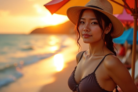 A beautiful woman with dark hair in a bikini and hat gazes softly at the camera, her figure highlighted by the golden sunset glow, her smooth light skin contrasting with the vibrant beach backdrop. photo