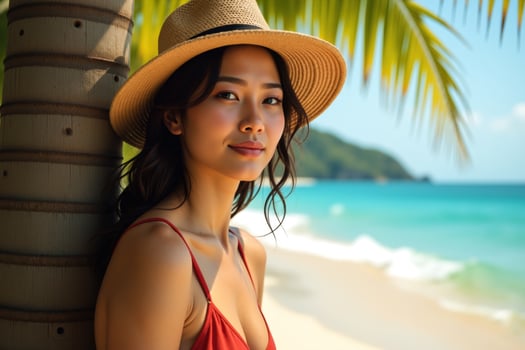 A beautiful woman with long dark hair, wearing a red swimsuit and a straw hat, leaning against a palm tree, with smooth light skin and slender figure, gazing thoughtfully towards the camera. photo