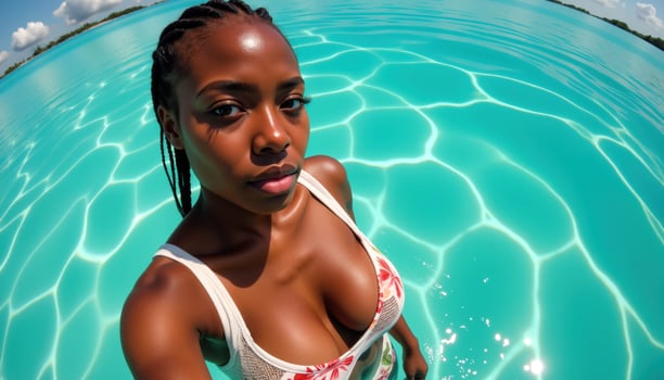 A dark-skinned woman with braided hair, wearing a floral swimsuit, showcasing her toned figure and breasts, gazing thoughtfully. photo