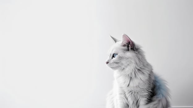 A white cat with blue eyes sitting on a white floor photo