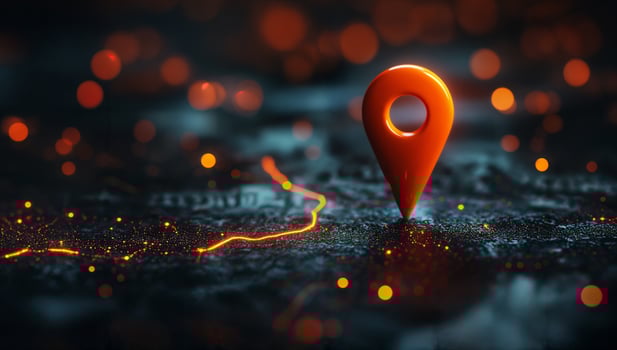 Glowing Orange Location Pin on an Abstract Background photo