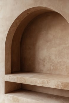 Beige arched alcove with shelves photo
