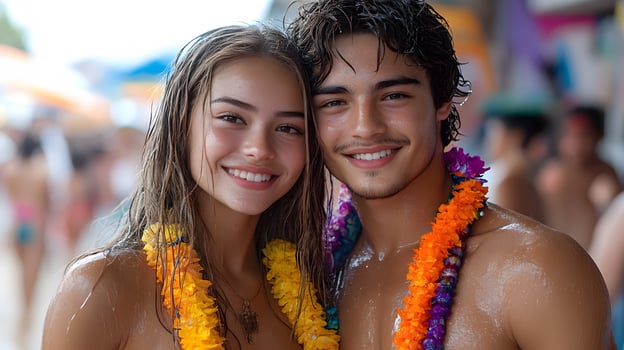 A young couple enjoying Songkran festivities with water guns and traditional Thai accessories photo