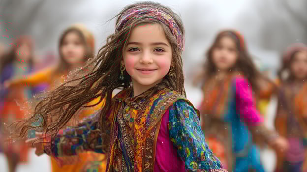 A group of children performing Persian folk dances during a community Nowruz celebration photo