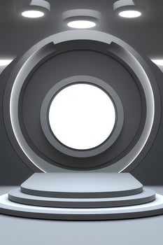 Futuristic gray podium with a blank white circle photo