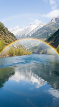 A rainbow is reflected in the water of a river photo