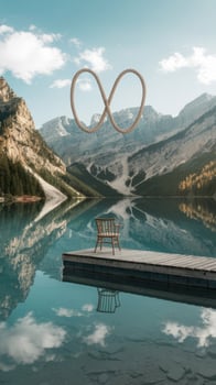 A chair sitting on a dock with a lake in the background photo