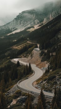 Winding road in a mountnous area in a coniferous forest photo