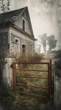 An old abandoned house with a gate and fence photo