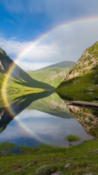 A rainbow is reflected in a lake in the mountains photo