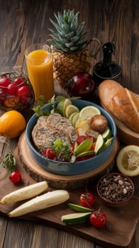 A wooden table with a bowl of food and fruit photo