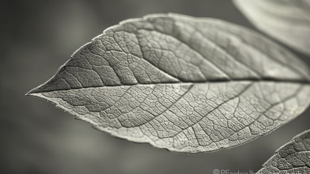 Close-up of a grayscale leaf, showcasing intricate venation patterns and texture. photo